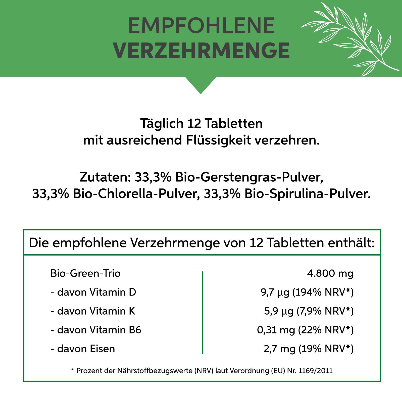 Bio Green Trio Presslinge (Mix aus Chlorella, Spirulina und Gerstengras) Eltabia