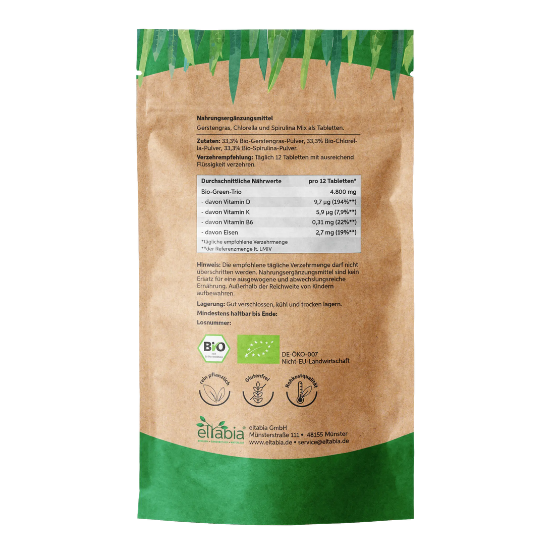 Bio Green Trio Presslinge (Mix aus Chlorella, Spirulina und Gerstengras) Eltabia