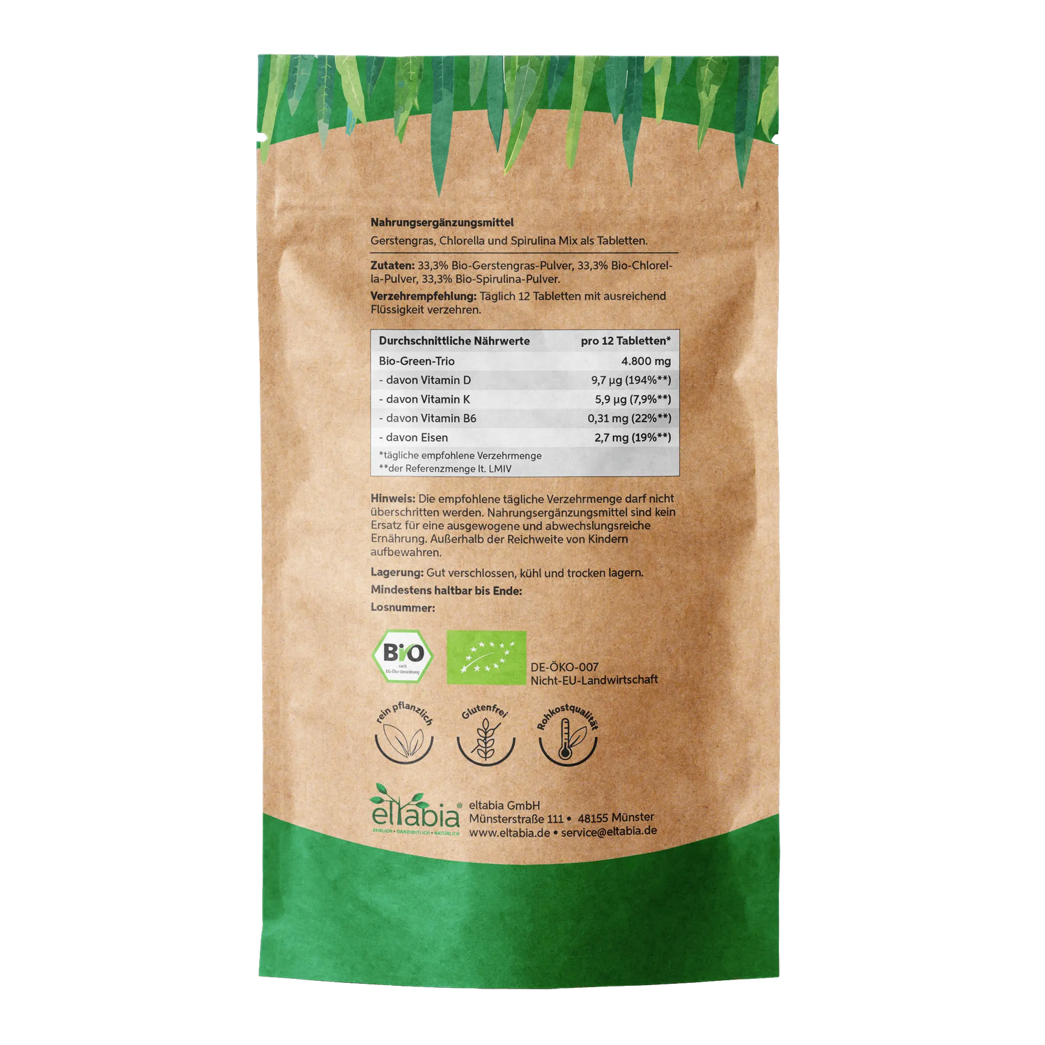 Bio Green Trio Presslinge (Mix aus Chlorella, Spirulina und Gerstengras) Eltabia