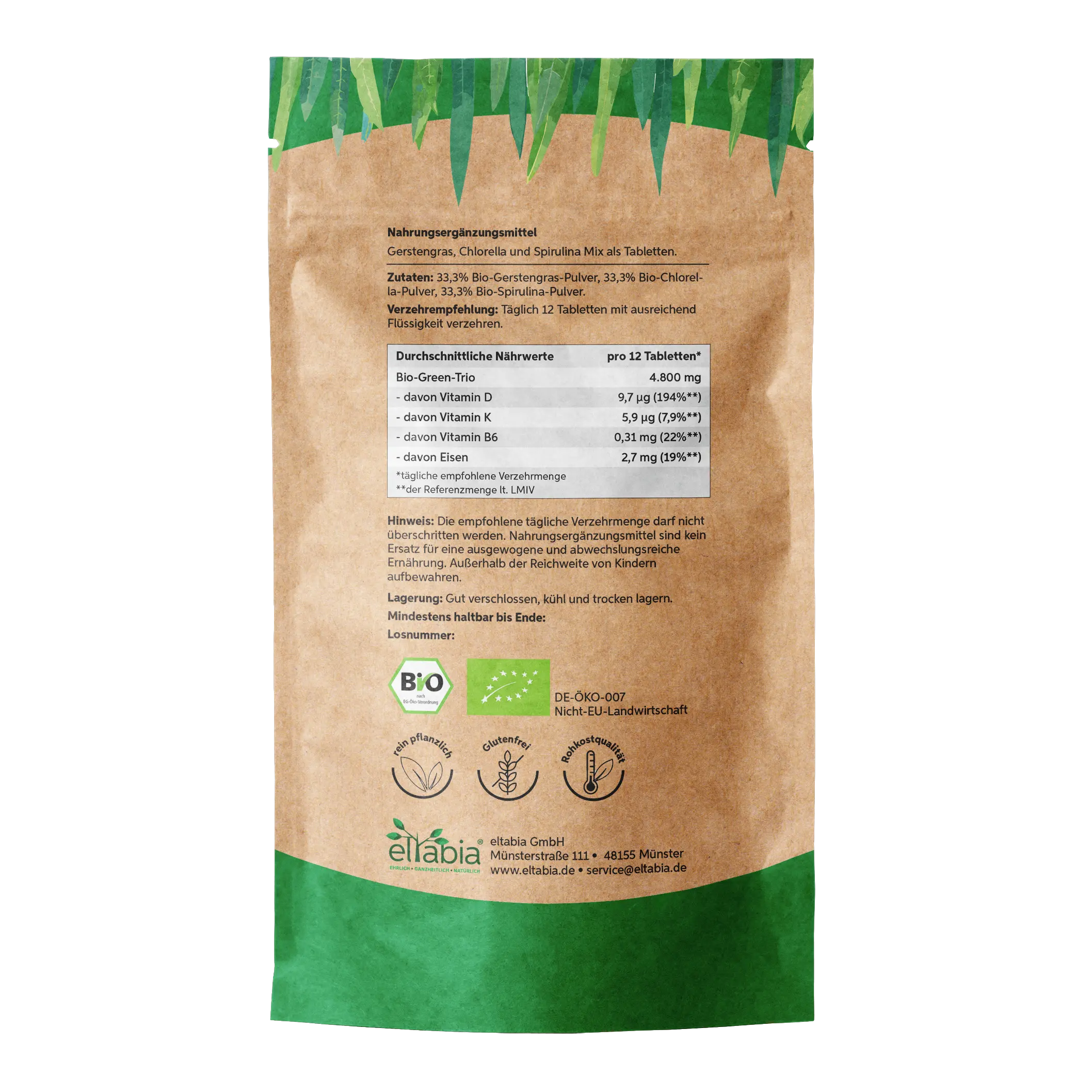 Bio Green Trio Presslinge (Mix aus Chlorella, Spirulina und Gerstengras) Eltabia